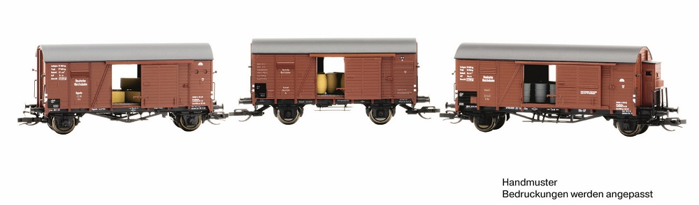 HADL  MANUFAKTUR  3er Set gedeckte Güterwagen mit Ladegütern, DRG, Ep.II